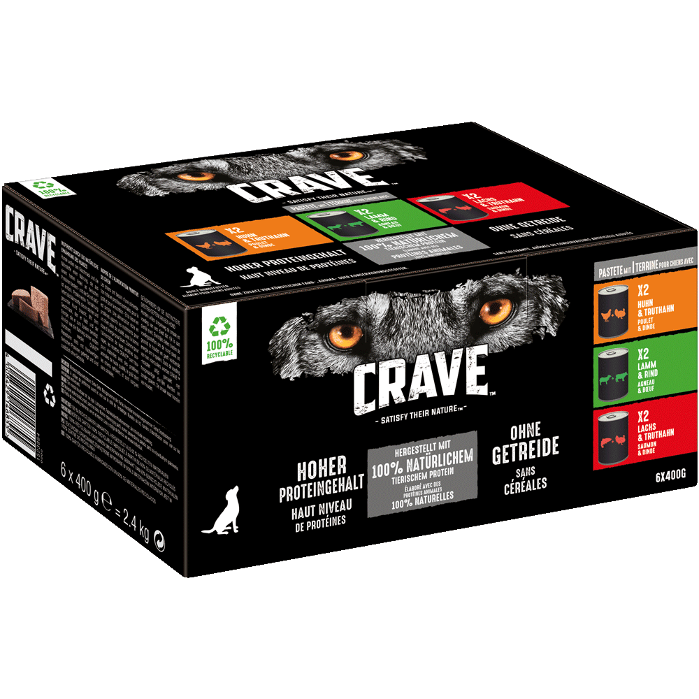 CRAVE™ Dose Multipack Pastete mit Huhn und Truthahn, Lamm und Rind, Lachs und Truthahn 6 x 400g - 1
